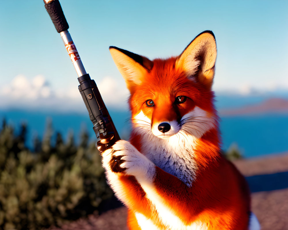 Red fox with black rod in mountain landscape