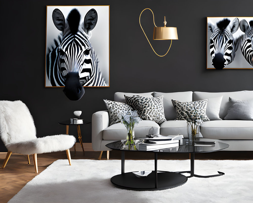 Contemporary Living Room with Zebra Art and Monochromatic Palette