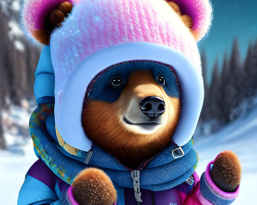 Anthropomorphic Bear in Pink Hat and Blue Jacket in Snowy Night Landscape