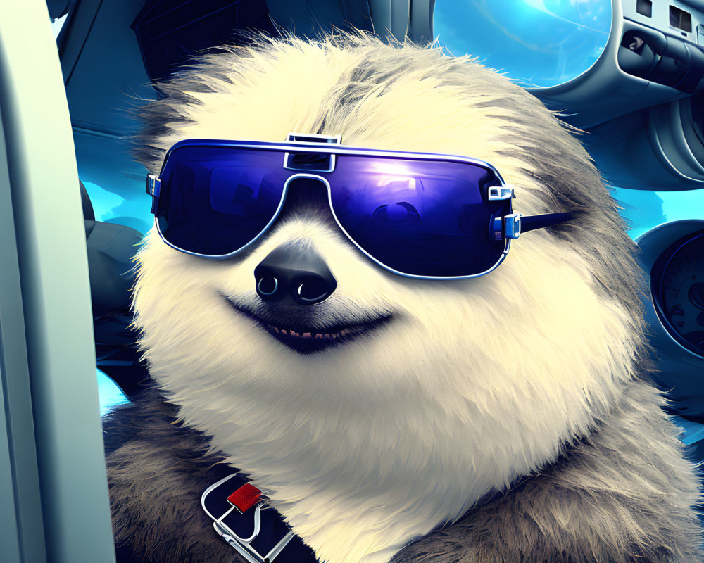 Sloth in sunglasses sits confidently in cockpit
