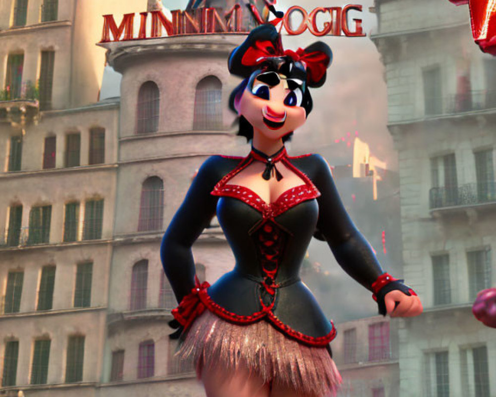 Confident animated character in performer's costume in front of European-style buildings.