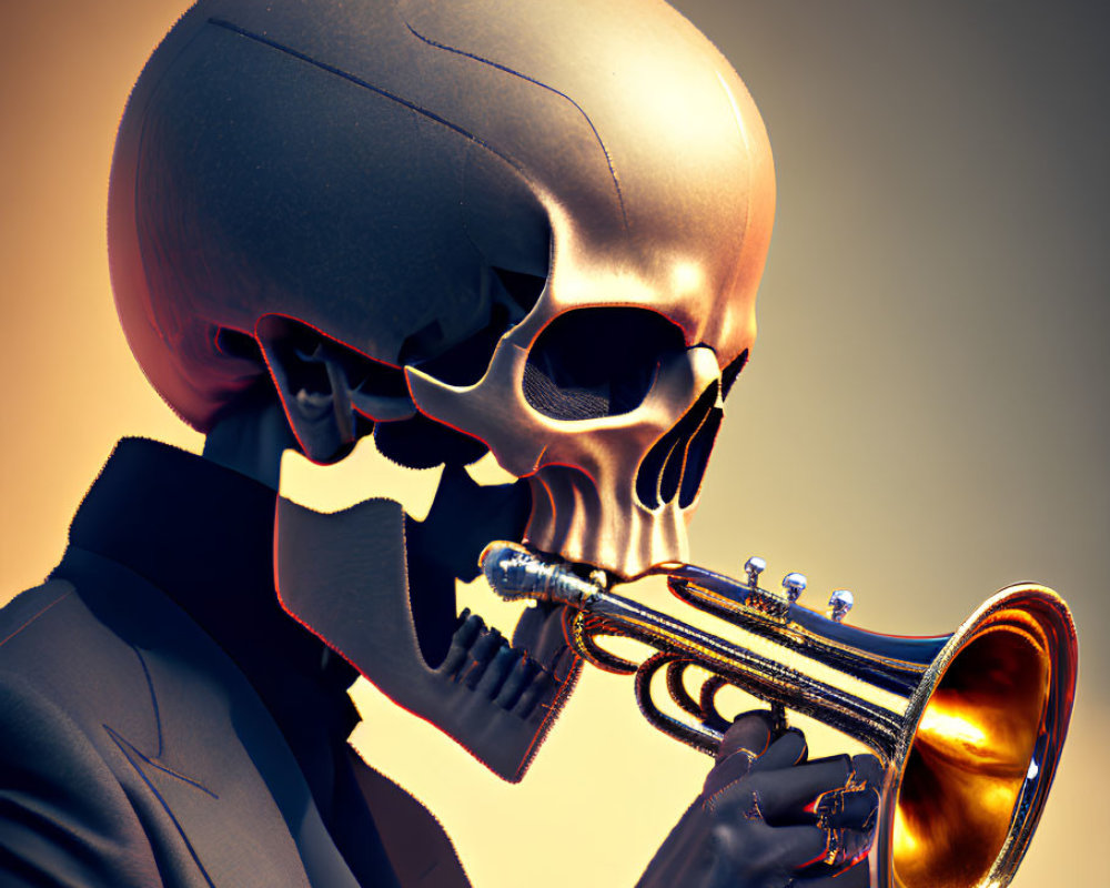 Skeleton in Suit Playing Trumpet on Amber Background