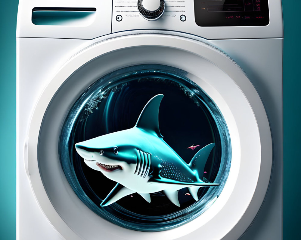 Digital artwork: Shark in washing machine with water - surreal and humorous.