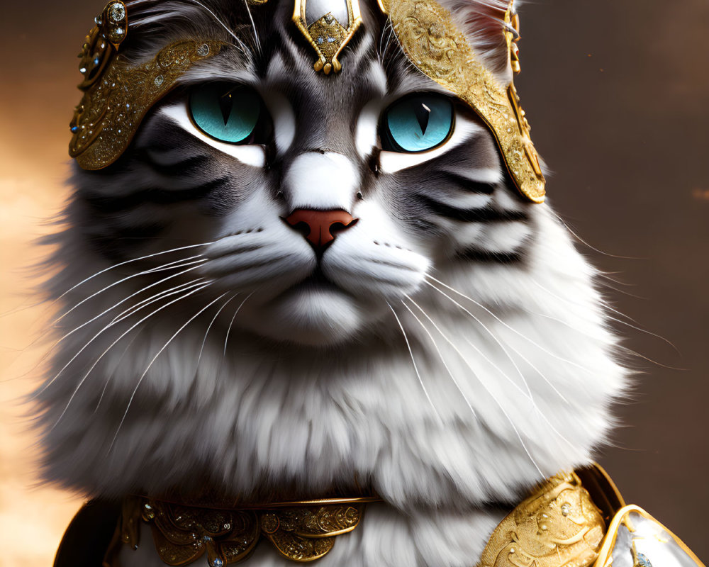 Blue-eyed cat in golden royal armor against dramatic sky