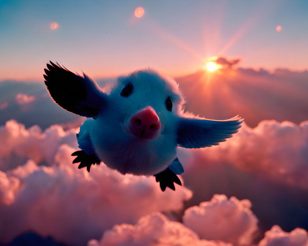 Flying pig with wings in fluffy cloud sunset scene