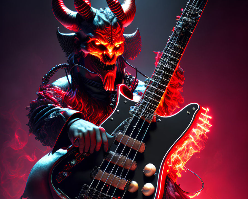 Red demon with large horns playing electric guitar in flames on dark backdrop