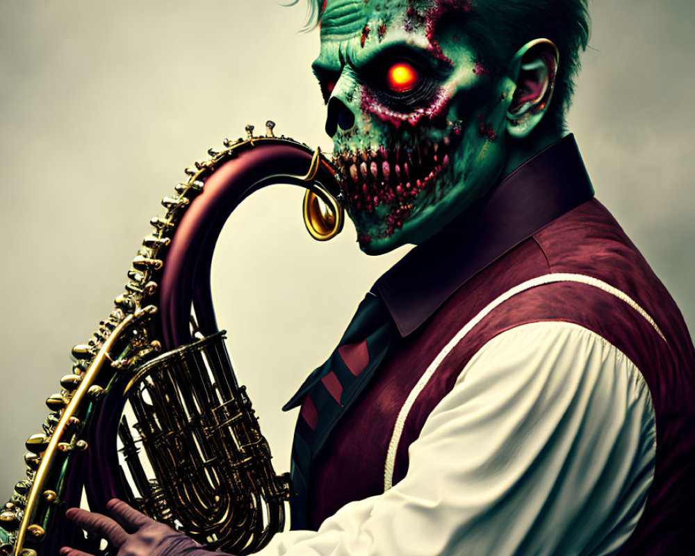 Stylized zombie-like figure playing saxophone with glowing red eye