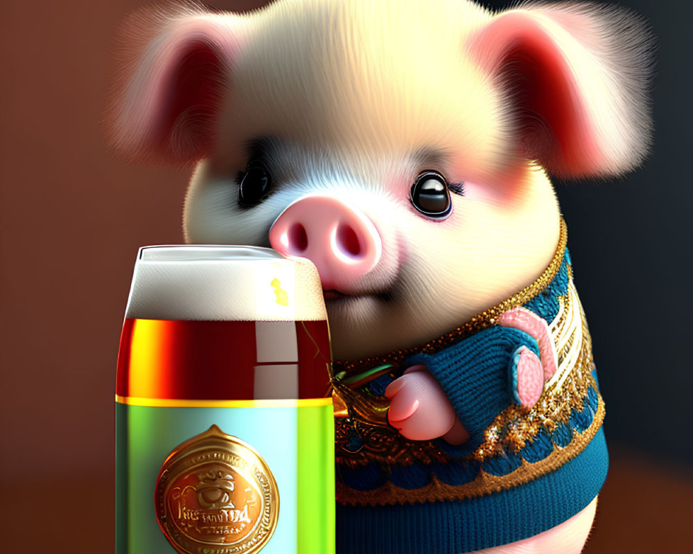 Anthropomorphic piglet in detailed clothing holding a glass of beer