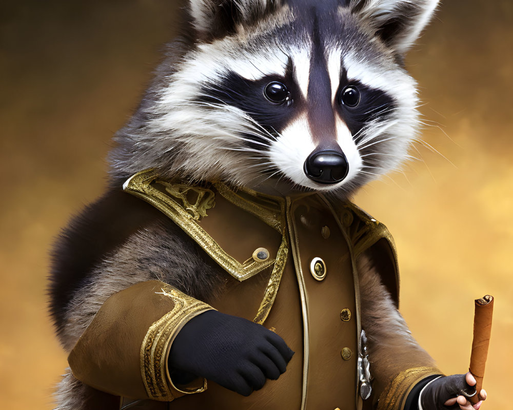 Regal raccoon digital art in military attire with scroll