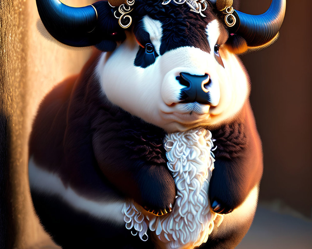 Muscular bull with large curved horns and white beard in warm light