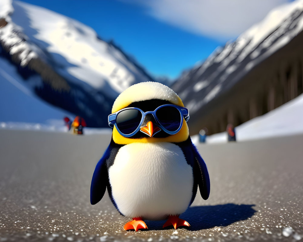 Animated penguin in sunglasses on snowy road with mountains and distant figures
