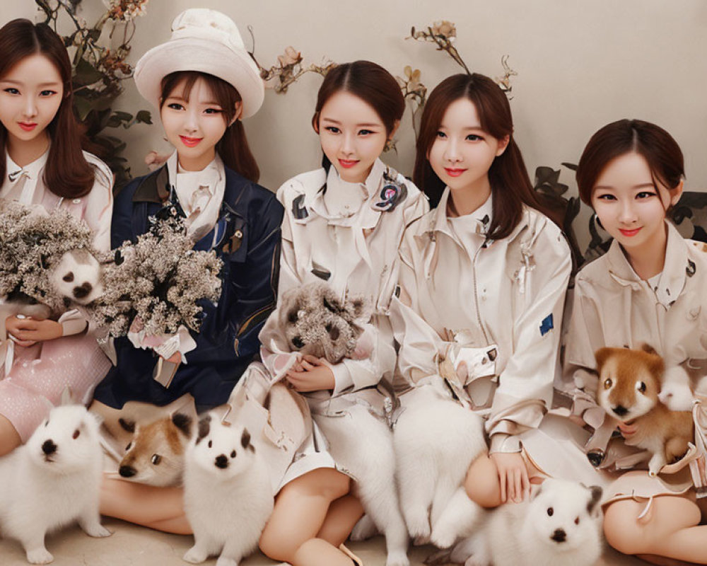 Five Women in Elegant Attire with Bouquets and Puppies Seated Among Floral Decorations