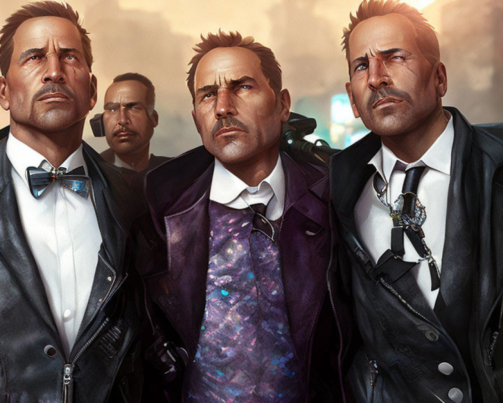 Three animated men in suits with different expressions in futuristic city setting