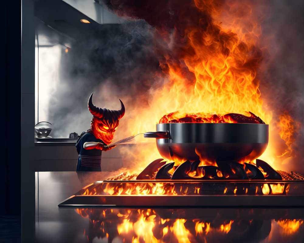 Cartoon devil character cooking on flaming stove with intense fire and smoky background