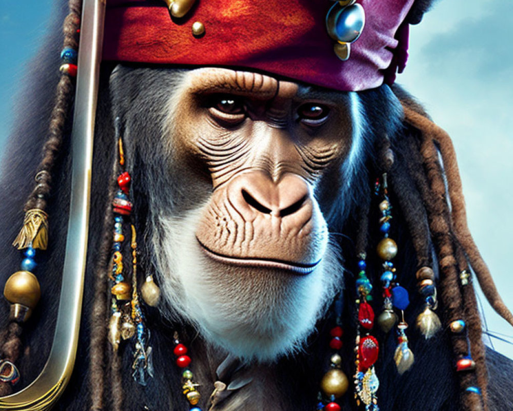 Chimpanzee with pirate-like red bandana and beads