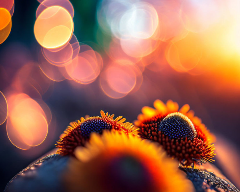 Vibrant orange and yellow flowers with warm bokeh background in blue to orange gradient.