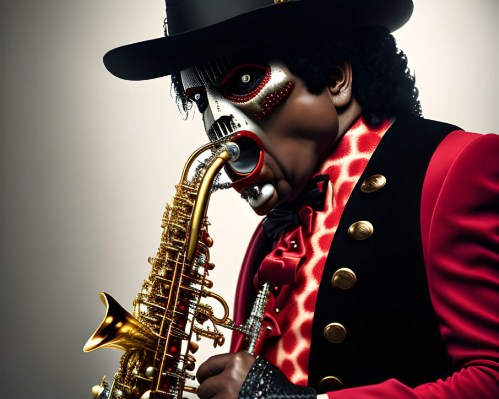 Red jacket and top hat saxophonist with skull face paint