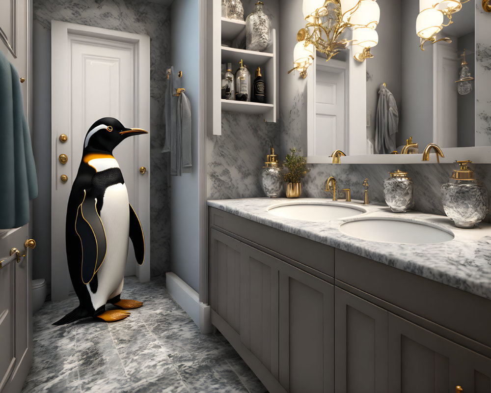 Luxurious bathroom with marble countertops, gold fixtures, and elegant decor featuring a penguin