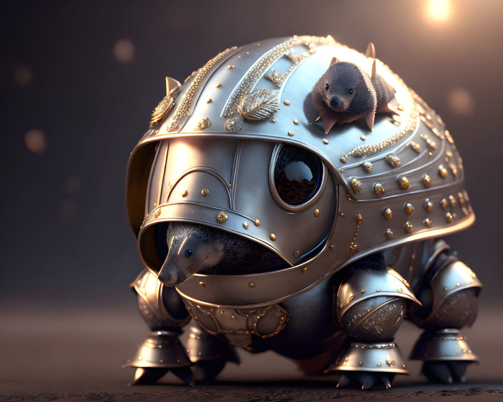 Ornate golden armor hedgehog with small companion in soft background