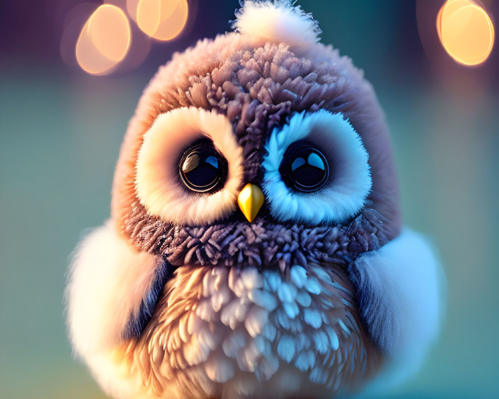 Stylized animated owl with large eyes and soft feathers