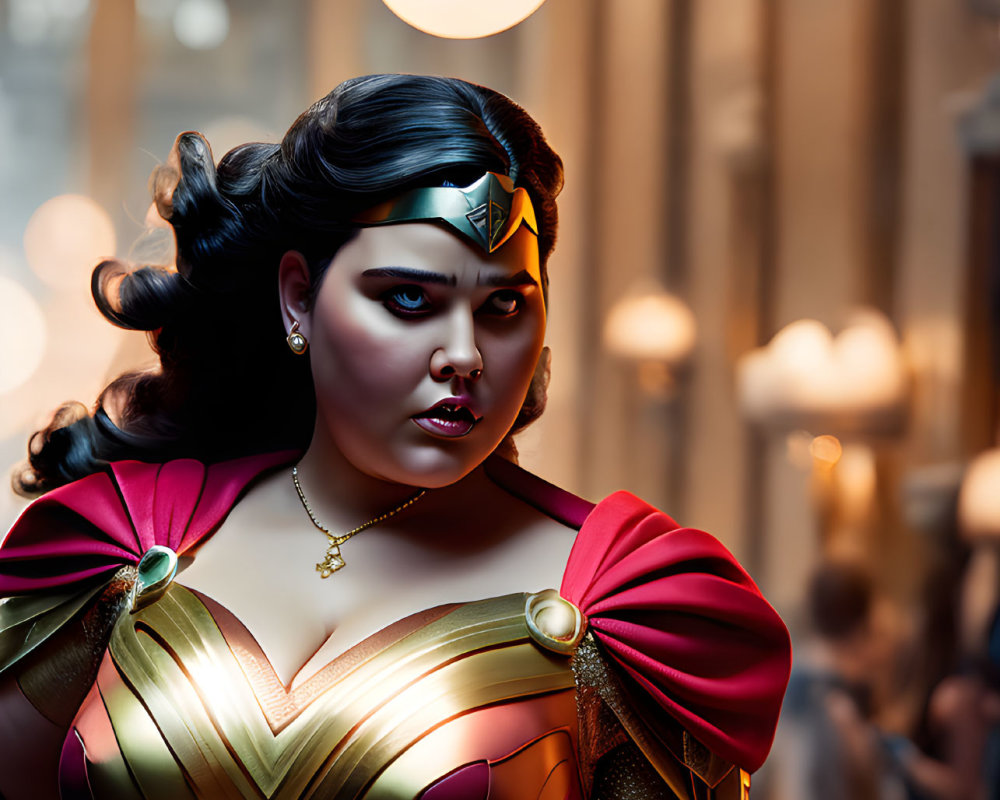 Elaborate Wonder Woman costume with tiara and determined expression