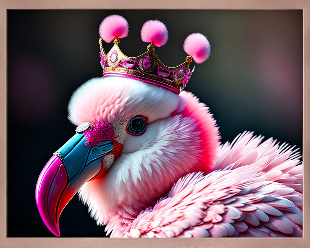 Colorful Stylized Bird with Pink Crown and Bejeweled Mask on Blurred Background