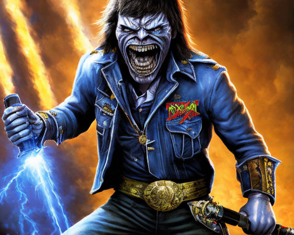 Illustration of snarling character in denim jacket with metal band patch, holding chain in fiery setting