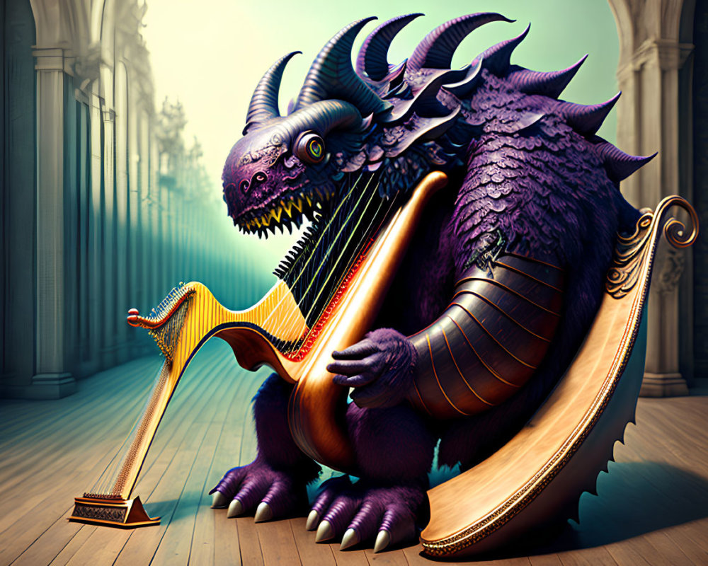 Purple dragon with multiple horns playing golden harp in elegant hallway
