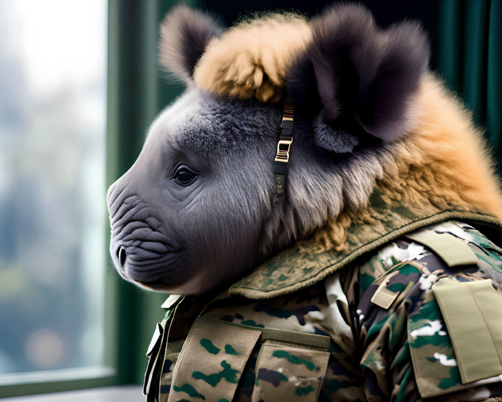 Digital artwork of koala with human-like body in military jacket gazing out window