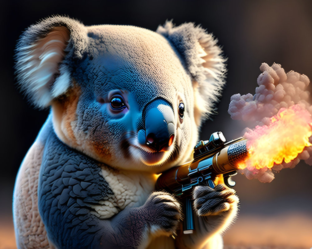 Stylized koala with smoking gun in fiery blast on dark background