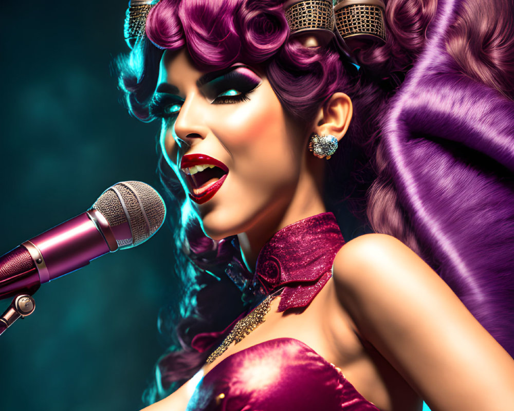 Purple-haired female singer winks with retro microphone and horns on teal backdrop