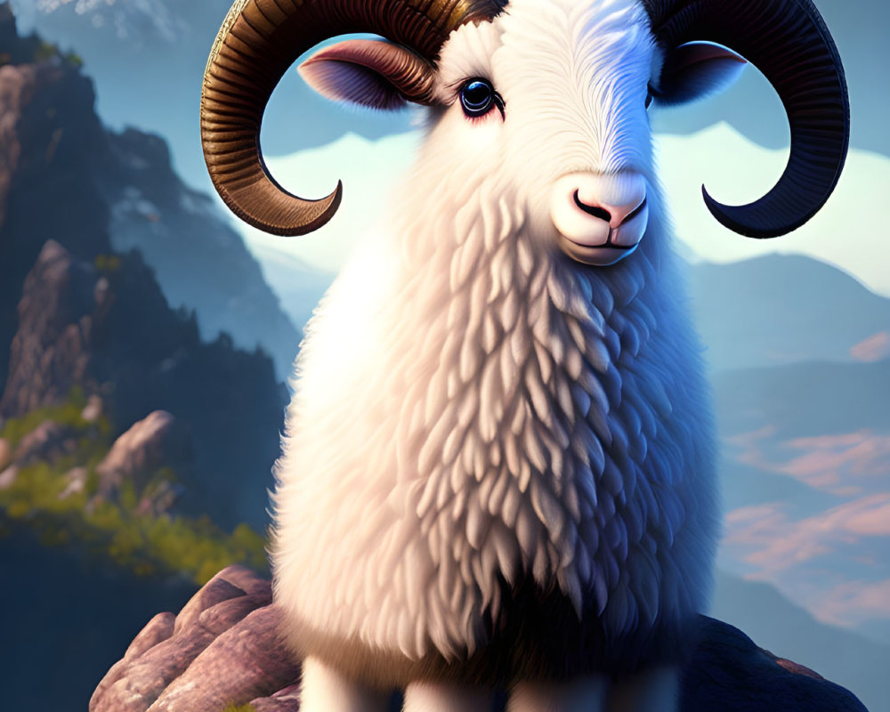 Fluffy white ram with curved horns on rocky peak with mountains.