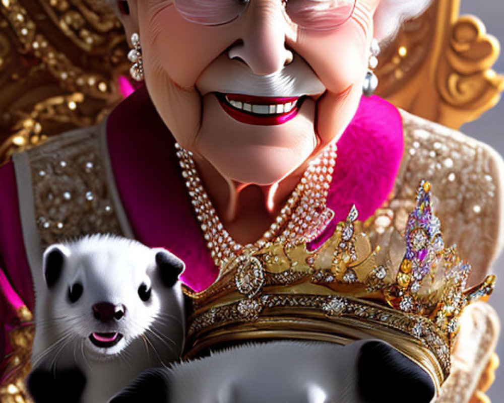 Smiling queen with crown and jewels, accompanied by cheerful ferrets
