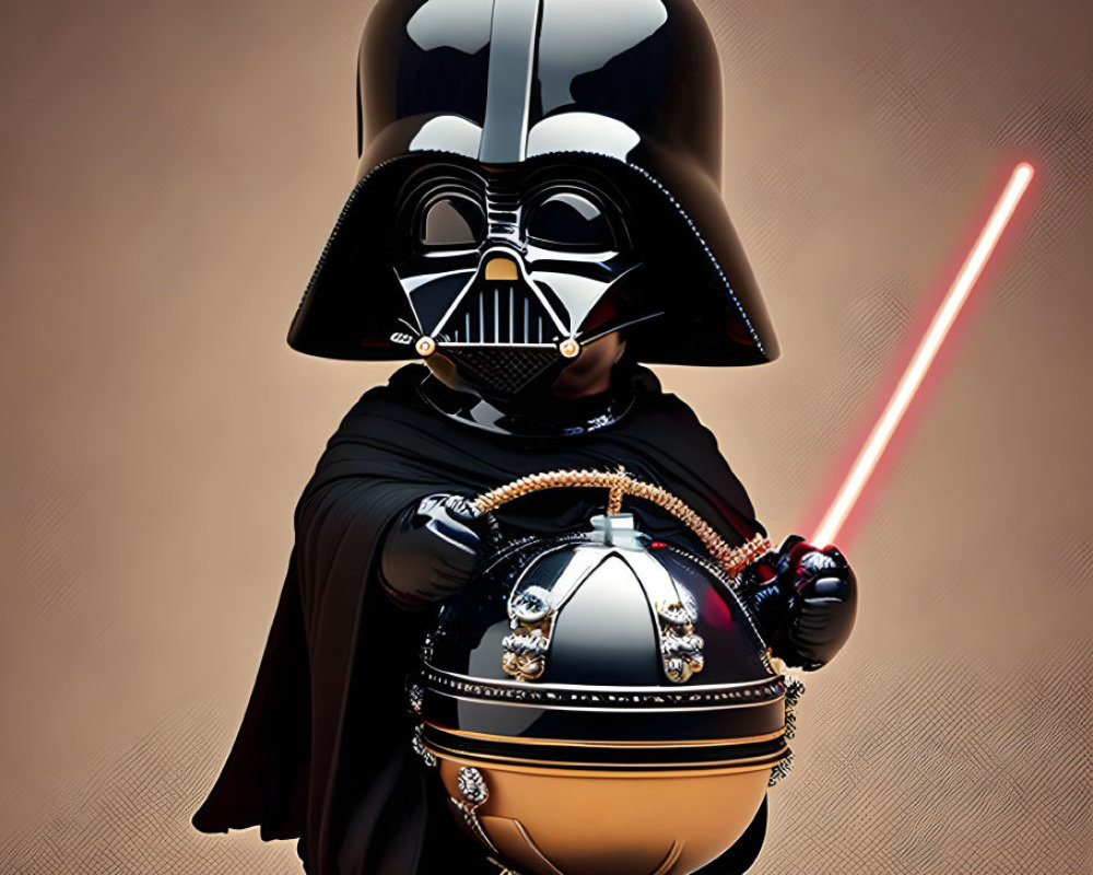 Small Round Figure in Darth Vader Costume with Lightsaber and Reflective Egg-shaped Body