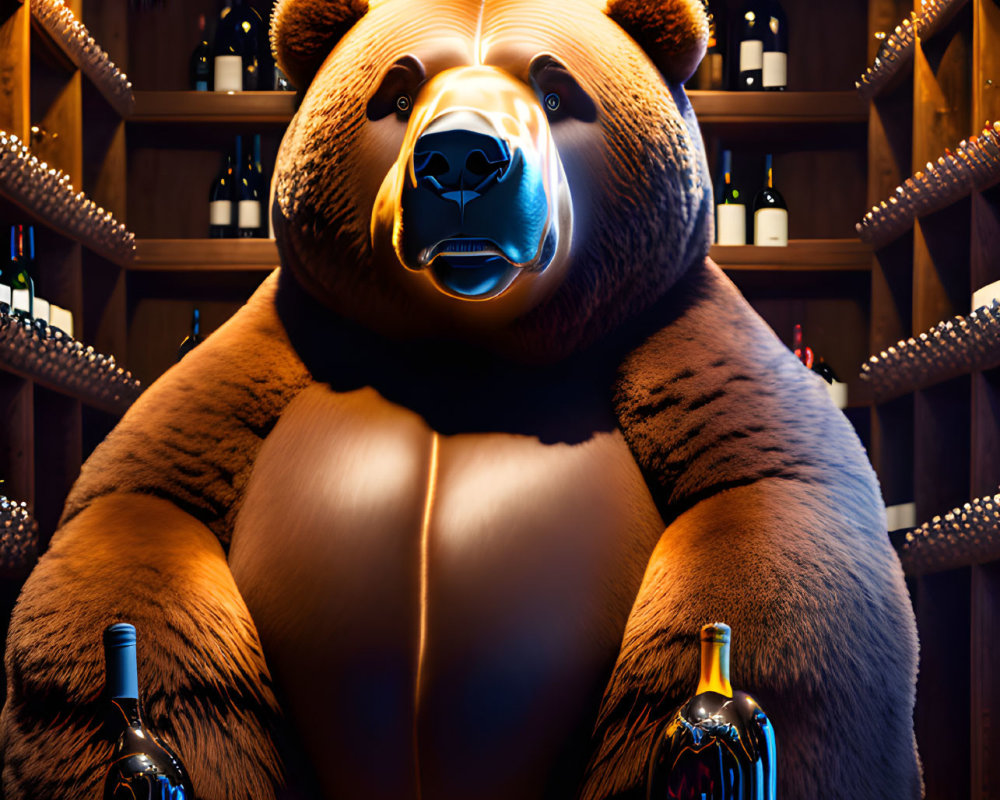 Plush Bear in Wine Cellar Surrounded by Bottles