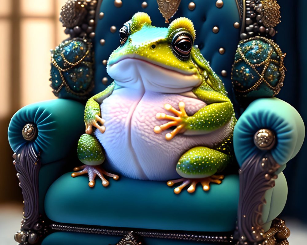 Regal frog with crown on ornate jewel-adorned throne