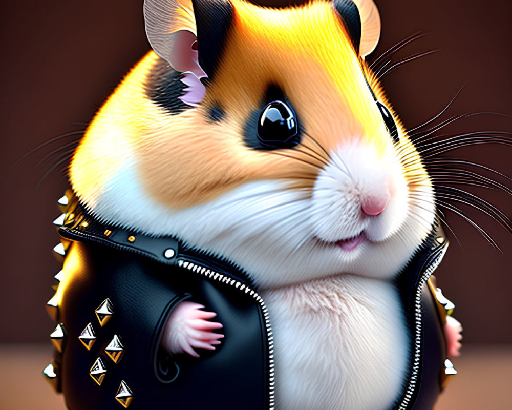 Cartoon hamster in spiked leather jacket on dark background