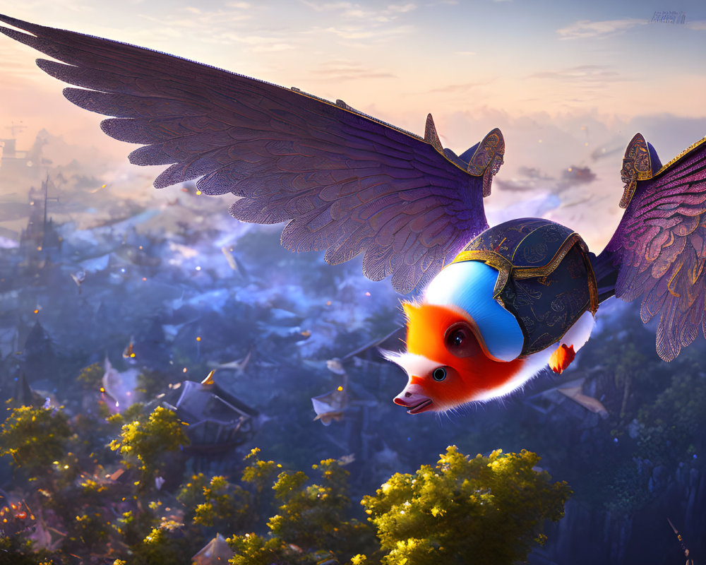 Colorful bird-like creature with elaborate wings flying over misty cityscape at dawn