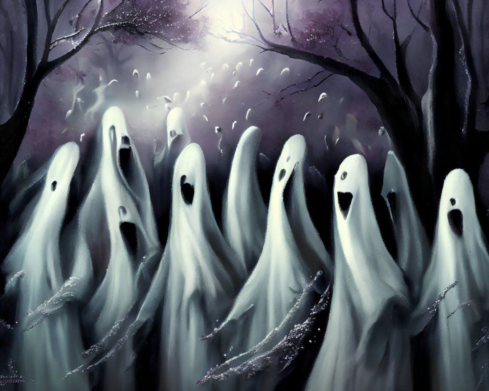 Cartoonish ghostly figures in mystical forest with purple trees