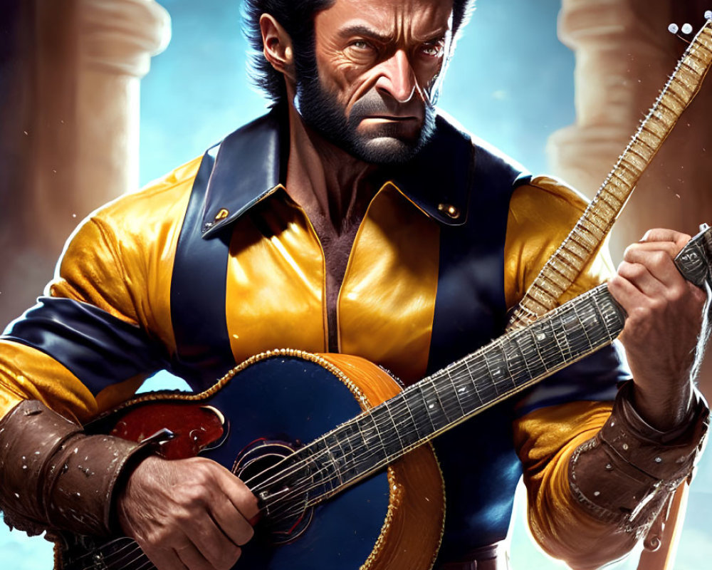 Illustrated character with sharp claws in yellow and blue costume playing guitar in forest.