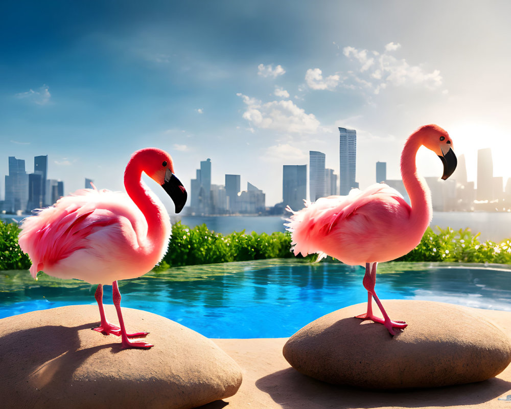 Vibrant pink flamingos on rocks by a city skyline and blue sky