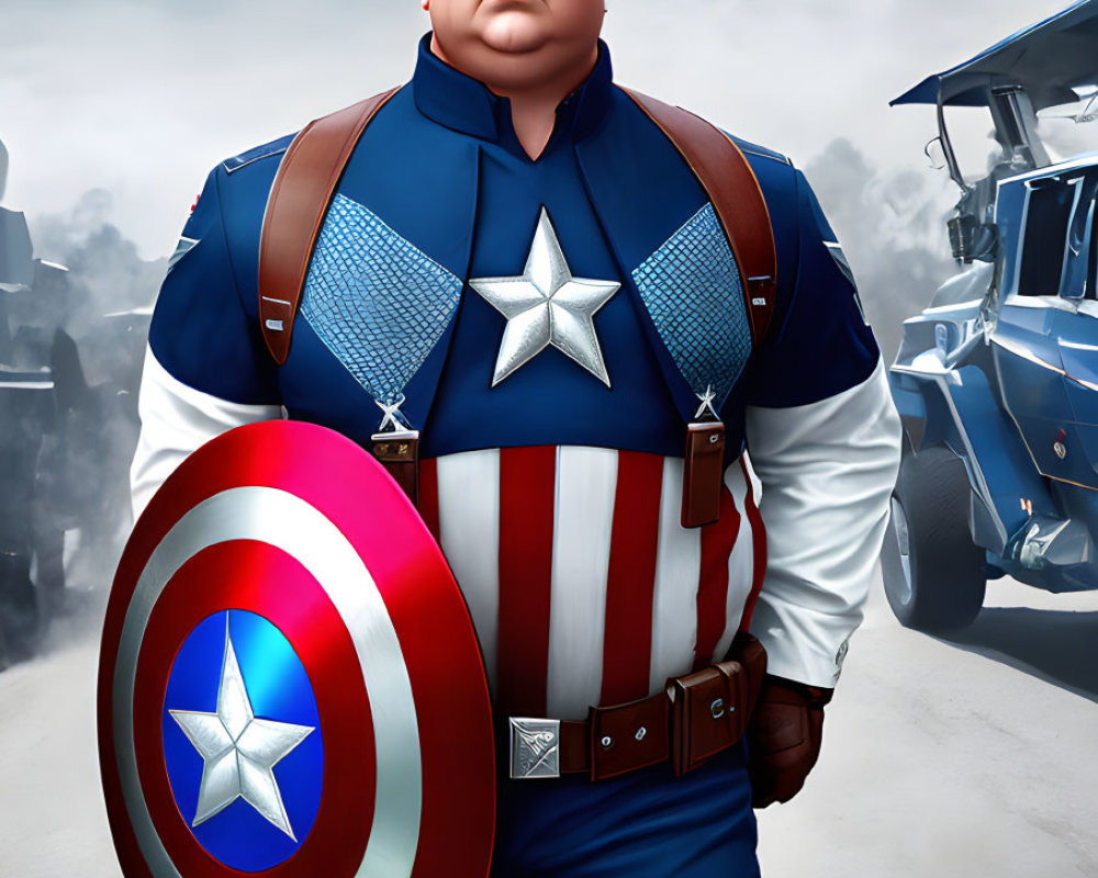 Muscular superhero illustration in blue, red, and white costume with shield, amidst vehicles and smoke.