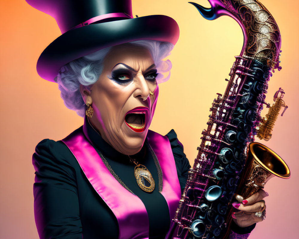 Extravagant character in top hat and pink scarf with ornate saxophone on gradient background