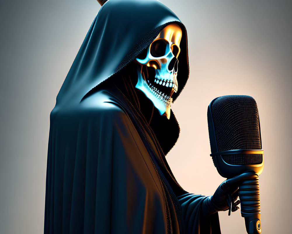Skeleton in Hooded Cloak Holding Glowing Microphone
