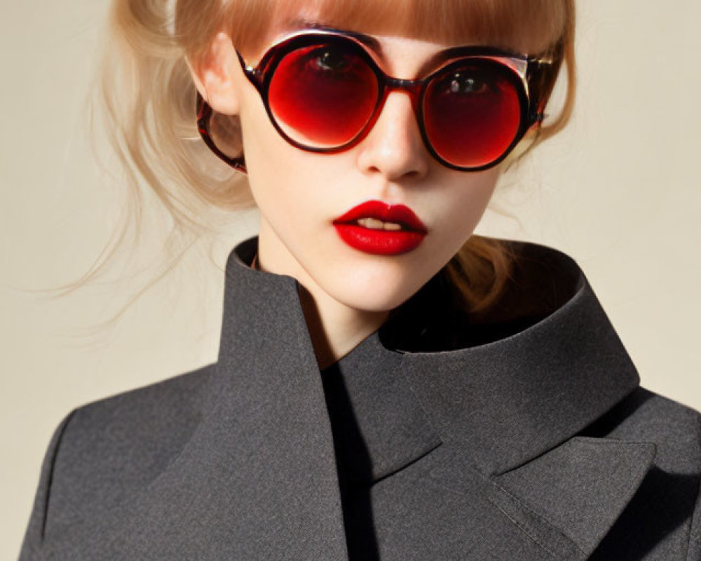 Fashionable woman in red sunglasses and lipstick with blonde hair, posing in gray jacket on beige background