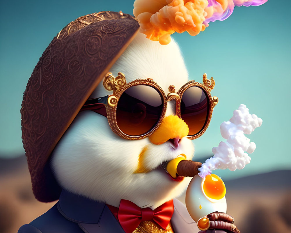 Anthropomorphic rabbit in suit and hat with ornate glasses and pipe