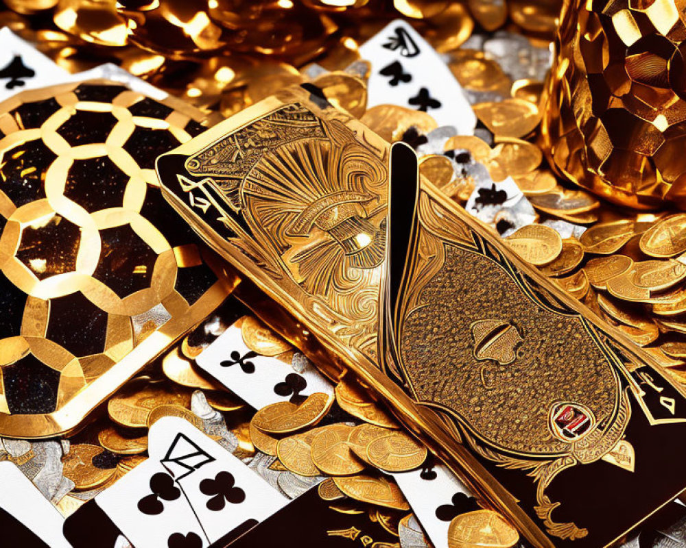 Luxurious Poker Cards and Golden Chips on Table