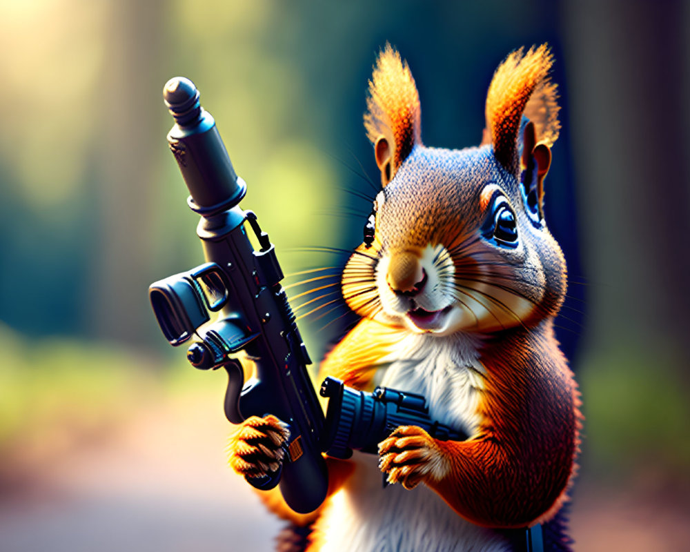 Stylized illustration of squirrel with black rifle in forest setting