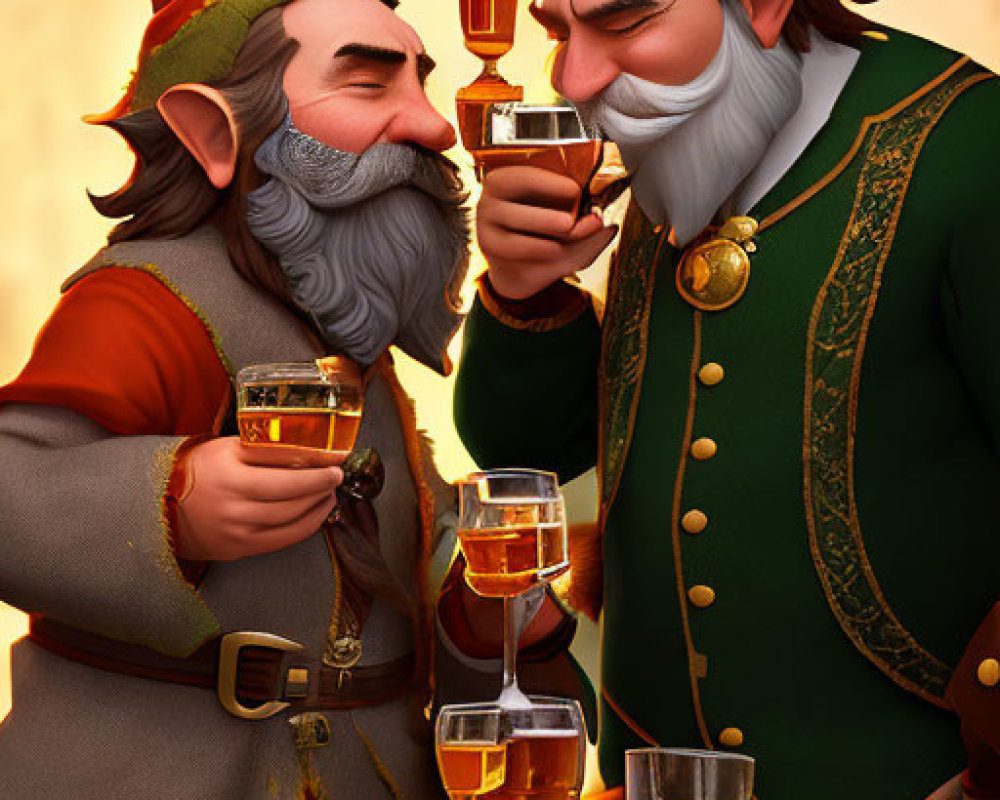 Animated elves toast with glasses in warm, sunset setting