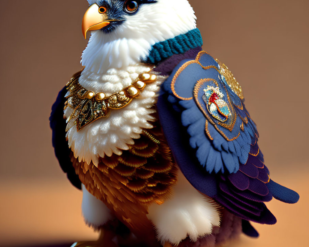 Regal anthropomorphic eagle in ornate clothing against tan backdrop